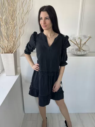   TU (M) Sötétszürke Fodros Vállú és Aljú V Kivágású, Farmer Ruha