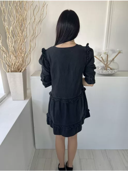 TU (M) Sötétszürke Fodros Vállú és Aljú V Kivágású, Farmer Ruha