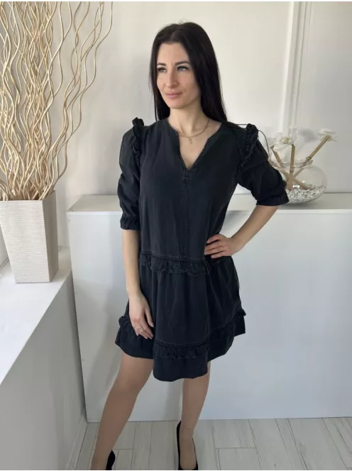 TU (M) Sötétszürke Fodros Vállú és Aljú V Kivágású, Farmer Ruha