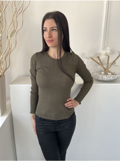 New Look (M) Khaki Anyagában Bordázott, Kerek Nyakú Gépikötött Felső