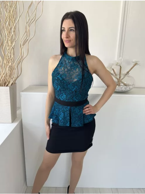 Lipsy (M) Kék-Fekete Felül Csipkés Anyagú, Derékban Szabott Hátul Nyakban Gombos, Nyitott Ruha