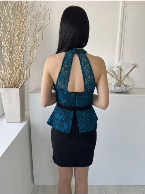 Lipsy (M) Kék-Fekete Felül Csipkés Anyagú, Derékban Szabott Hátul Nyakban Gombos, Nyitott Ruha