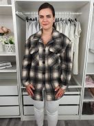 Fashion Nova (L) Fekete-Barna-Drapp Kockás, Mellnél Zsebes Elől Gombos Kabát