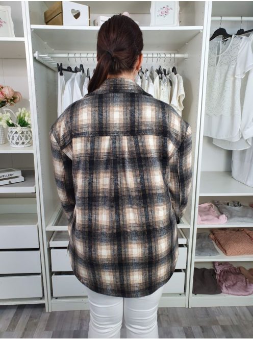 Fashion Nova (L) Fekete-Barna-Drapp Kockás, Mellnél Zsebes Elől Gombos Kabát