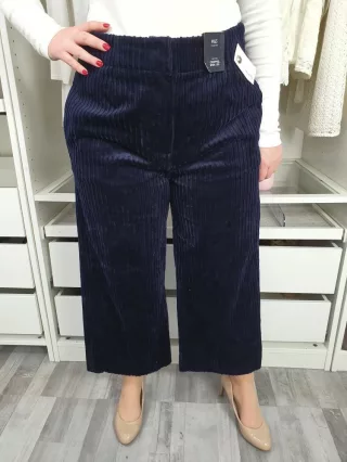   ÚJ M&S (L) Indigókék Cipzáras, Kapcsos Zsebes, Makrokordbársony Anyagú Nadrág