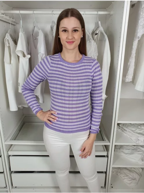 Primark (M) Lila Fehér Csíkos Gépikötött, Kerek Nyakú Felső