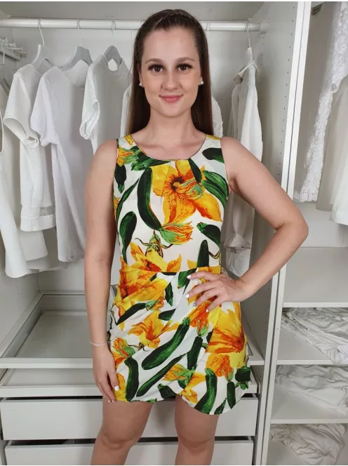 Parisian (M) Fehér Sárga Virágos, Hátul Kivágott, Cipzáros Derékban Szabott Ruha