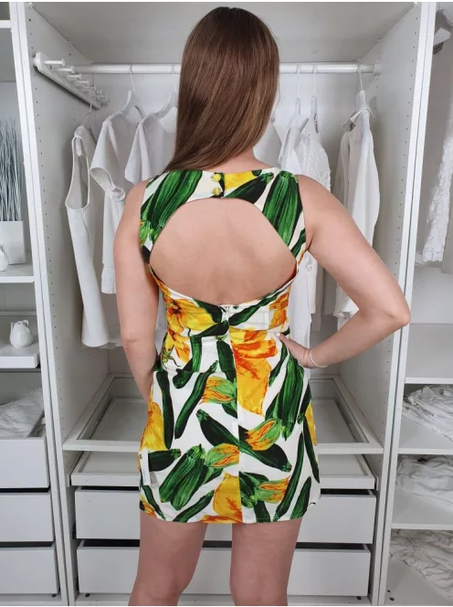 Parisian (M) Fehér Sárga Virágos, Hátul Kivágott, Cipzáros Derékban Szabott Ruha