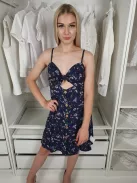 ÚJ Jennyfer (XS) Sötétkék-Barna Virágmintás, Gombos Elől Kivágott, Pántos, Mellén Megkötős Ruha