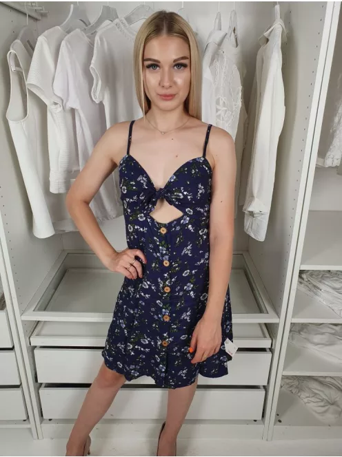 ÚJ Jennyfer (XS) Sötétkék-Barna Virágmintás, Gombos Elől Kivágott, Pántos, Mellén Megkötős Ruha