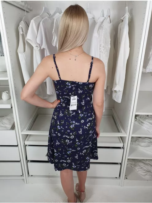 ÚJ Jennyfer (XS) Sötétkék-Barna Virágmintás, Gombos Elől Kivágott, Pántos, Mellén Megkötős Ruha