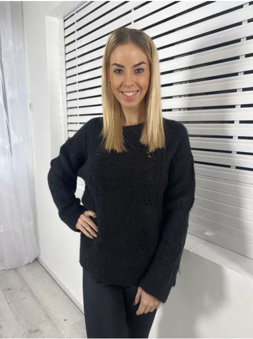 ÚJ Kiabi (XS-XL) Fekete Anyagában Levélmintás Kerek Nyakú, Kötött Felső